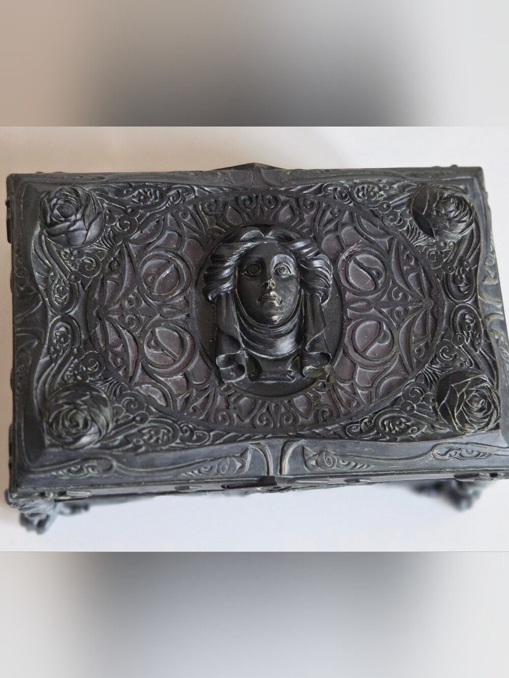 Black Ornate Decorative Jewelry Box with Sculpted Face Accent - Picture 5 of 8